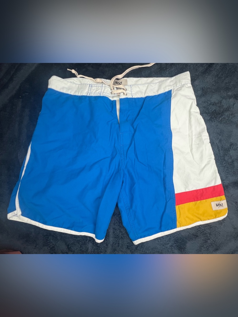 Retro Lightning bolt Men's Blue Colorblock Swim Trunks with Red & Yellow Accents